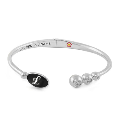 Initial A Bangle in silver with black enamel L charm and crystal accents Lauren G Adams logo on Tampa Home & Garden Store