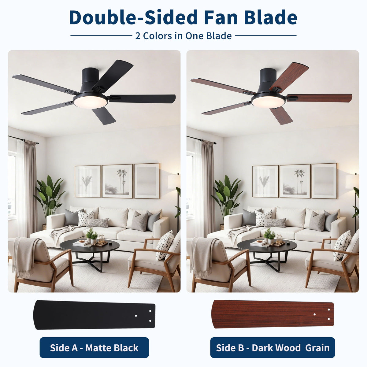 Flush Mount Ceiling Fan with LED and remote, matte black and dark wood two blade options on Tampa Home & Garden Store