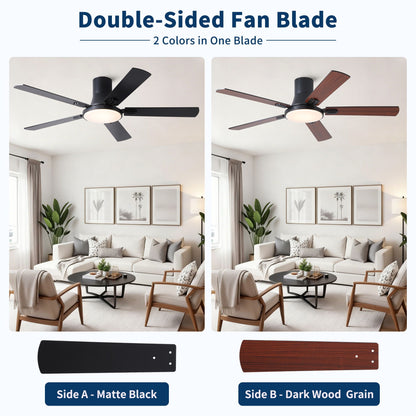 Flush Mount Ceiling Fan with LED and remote, matte black and dark wood two blade options on Tampa Home & Garden Store