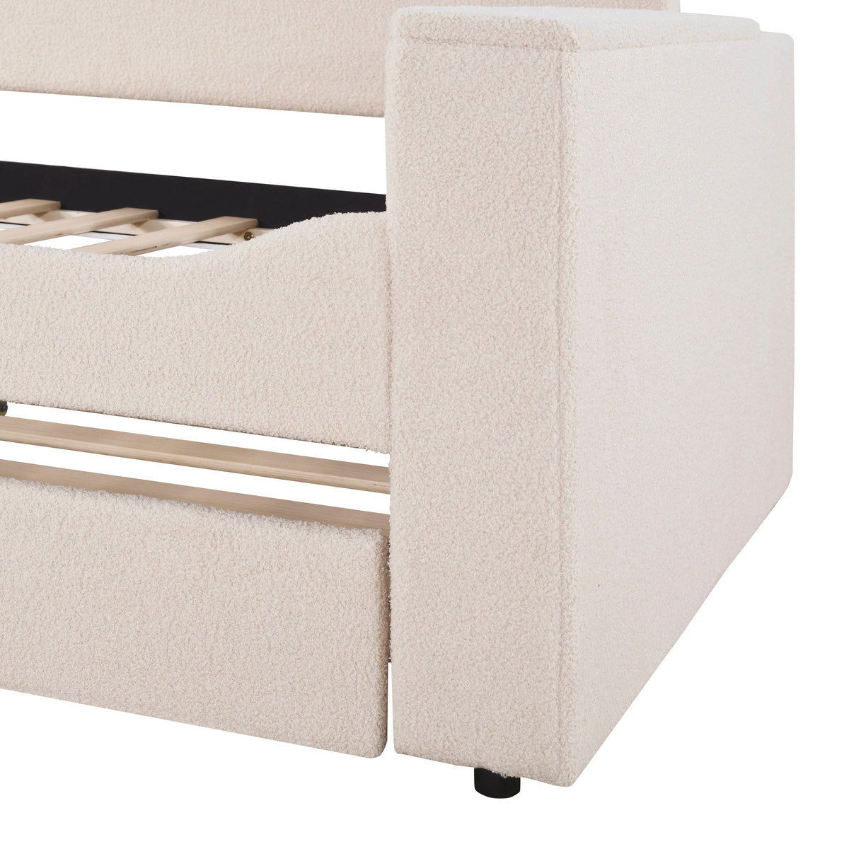 Beige boucle upholstered daybed with storage armrests and wood slat base HouseOfZazla on Tampa Home & Garden Store