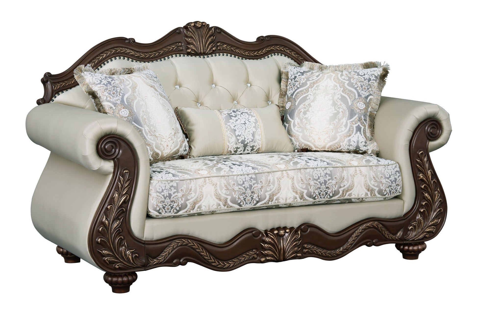 Pierce Loveseat beige upholstery with cherry wood carved frame and tufted back, 3 pillows on Tampa Home & Garden Store