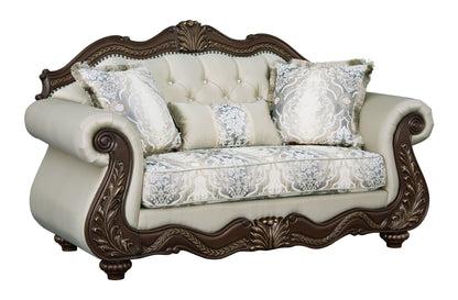 Pierce Loveseat beige upholstery with cherry wood carved frame and tufted back, 3 pillows on Tampa Home & Garden Store