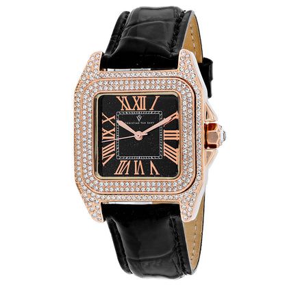 Christian Van Sant Women's Radieuse watch, rose gold-tone case with crystal pavé, black dial, leather strap on Tampa Home & Garden Store
