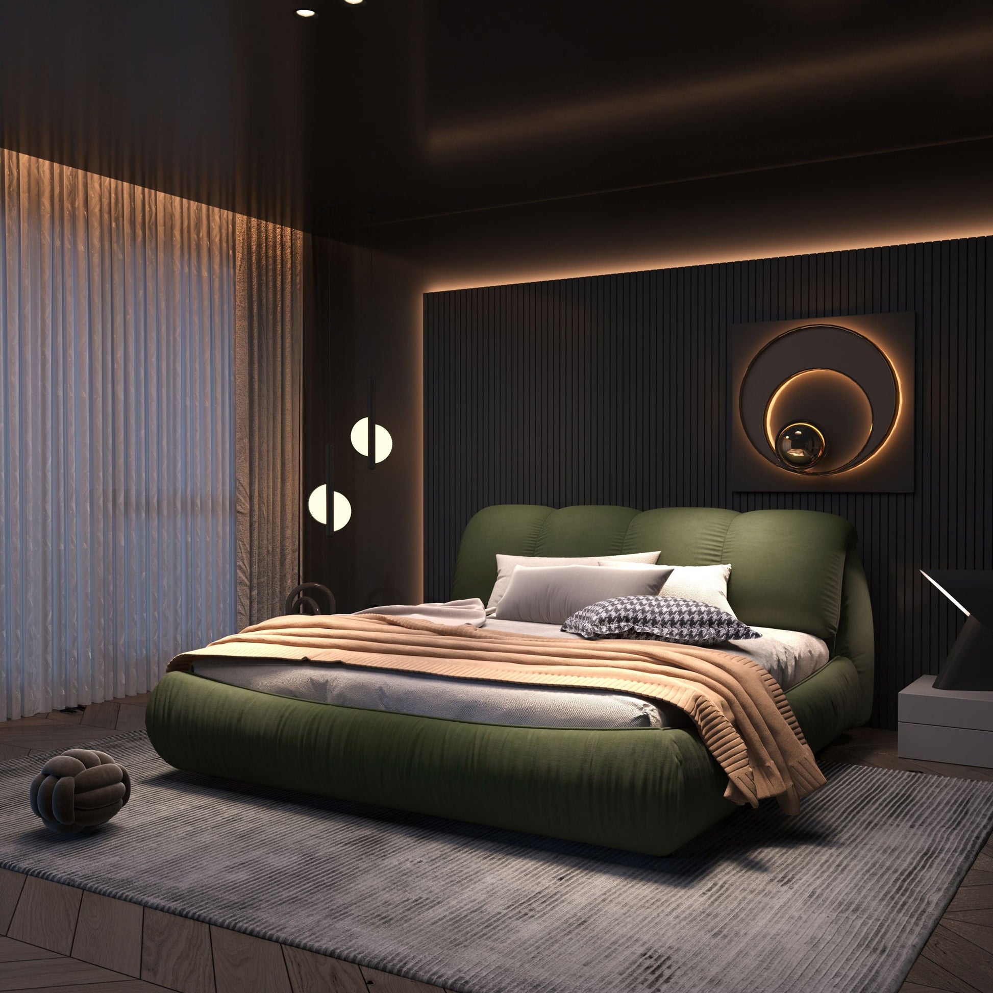 Luxury Platform Bed with oversized backrest and solid wood frame in green HouseOfZazla on Tampa Home & Garden Store