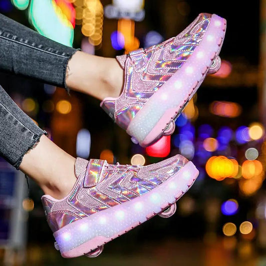 Kids roller shoes pink holographic LED sneakers with wheels, FLIPSTYLEZLLC pair on Tampa Home & Garden Store