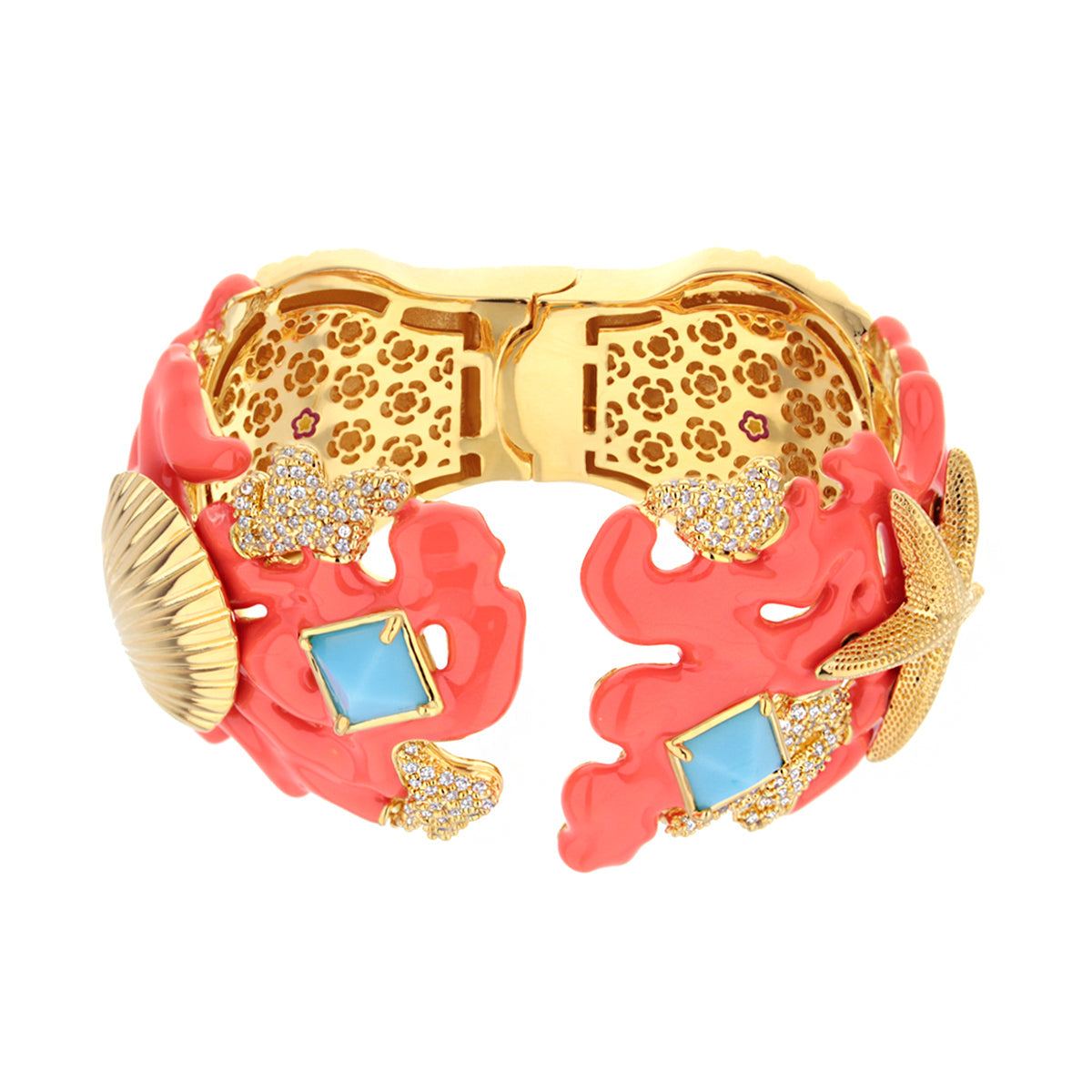 Pretty Little Things Coral Bangle Shell & Starfish Cuff coral pink with gold trim on Tampa Home & Garden Store
