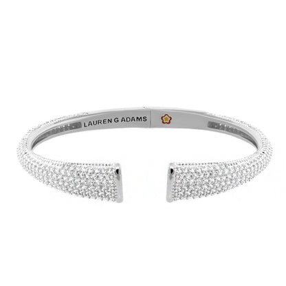 Delicato Pave Bangle, Lauren G Adams silver-tone pave bracelet with open ends and branding on Tampa Home & Garden Store