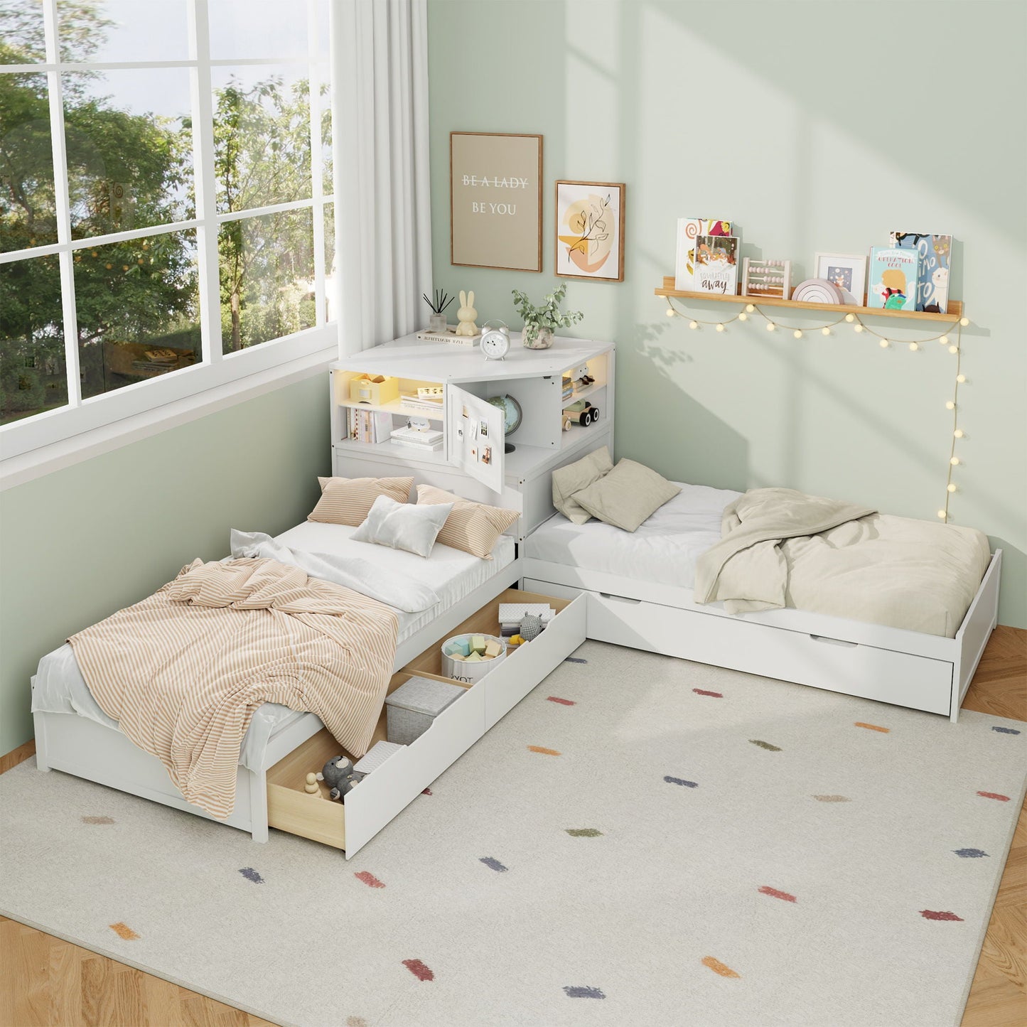 Compact L Shaped Bed Frame with Trundle and Desk