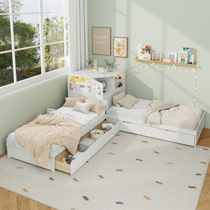Compact L Shaped Bed Frame with Trundle and Desk