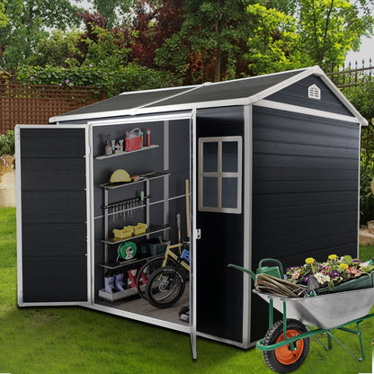 8x4ft outdoor resin garden shed with floor, dark gray siding, white trim, 2 windows on Tampa Home & Garden Store