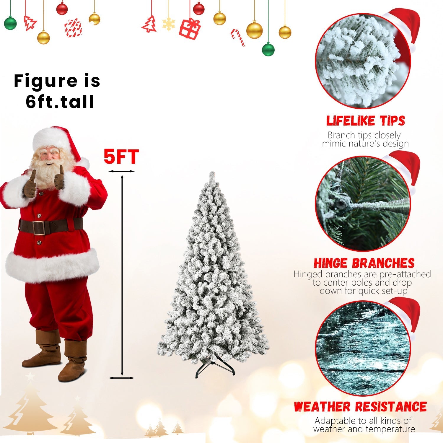 9-Foot Pre-Lit Snow-Flocked Christmas Tree by HouseOfZazla with snow-coated branches and a sturdy stand on Tampa Home & Garden Store