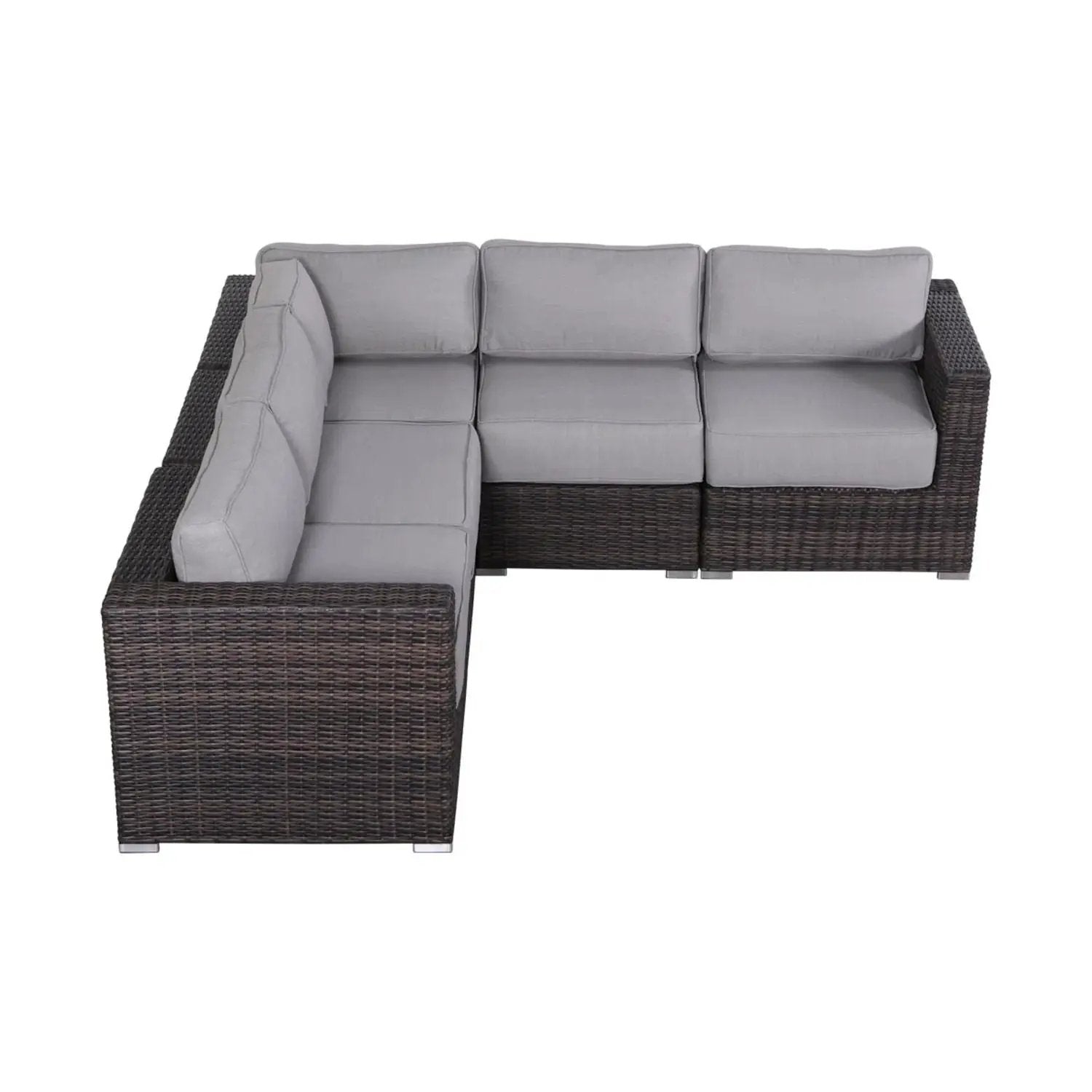 Stationary wicker patio sectional with brown rattan frame and light gray Sunbrella cushions on Tampa Home & Garden Store