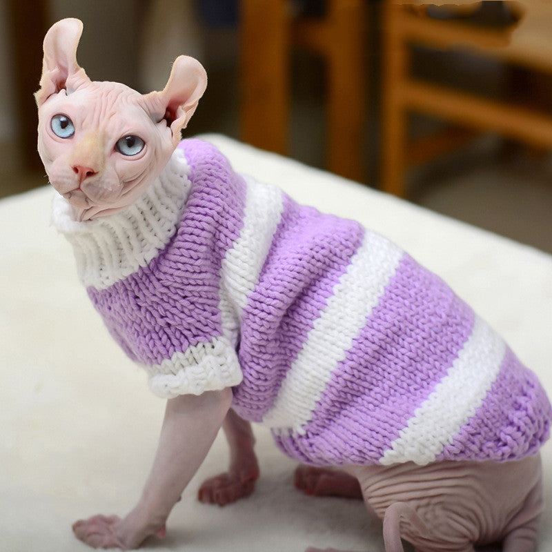 Hairless cat warm sweater Pet Zen purple and white striped knit for cats on Tampa Home & Garden Store