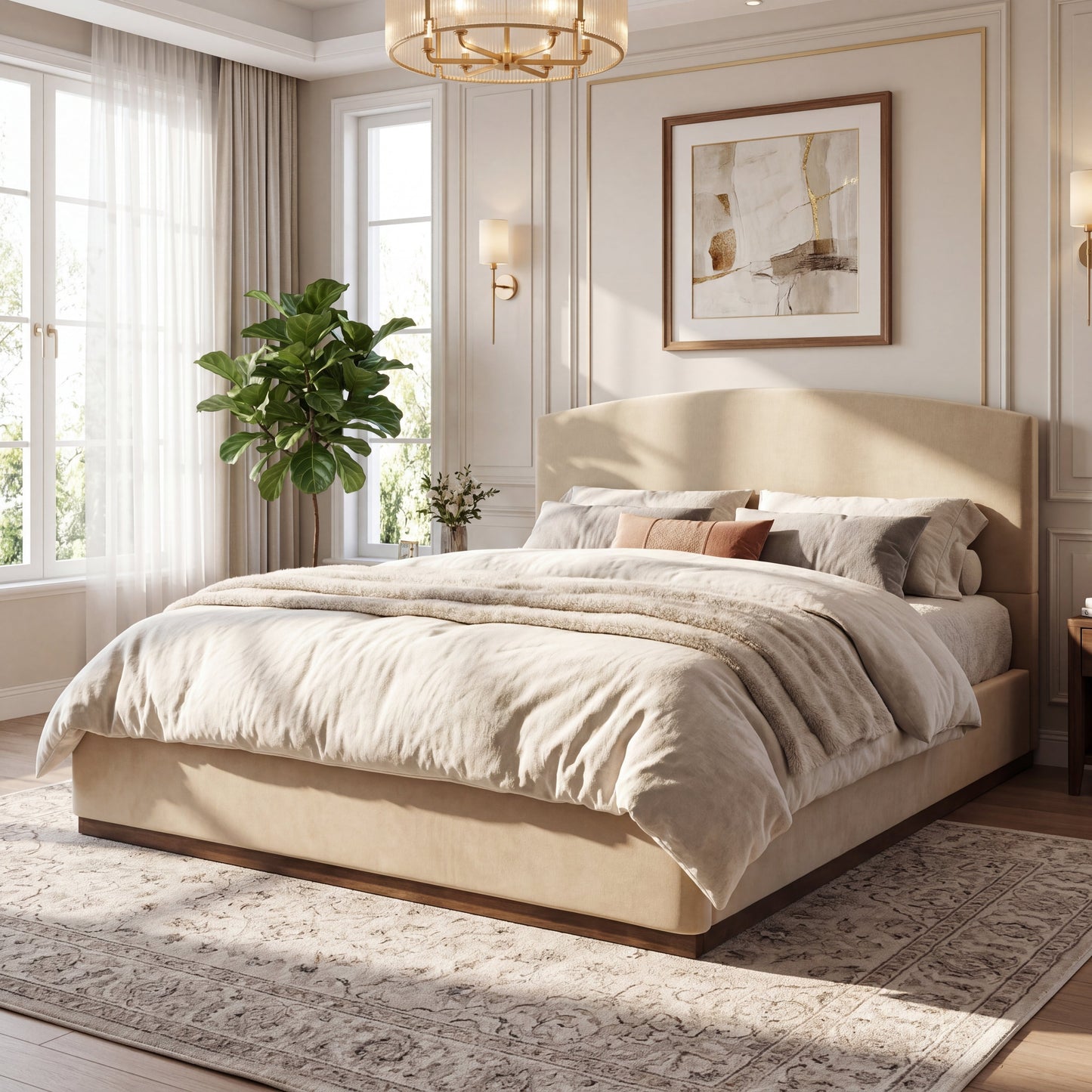 King Size Camel Velvet Upholstered Bed Frame