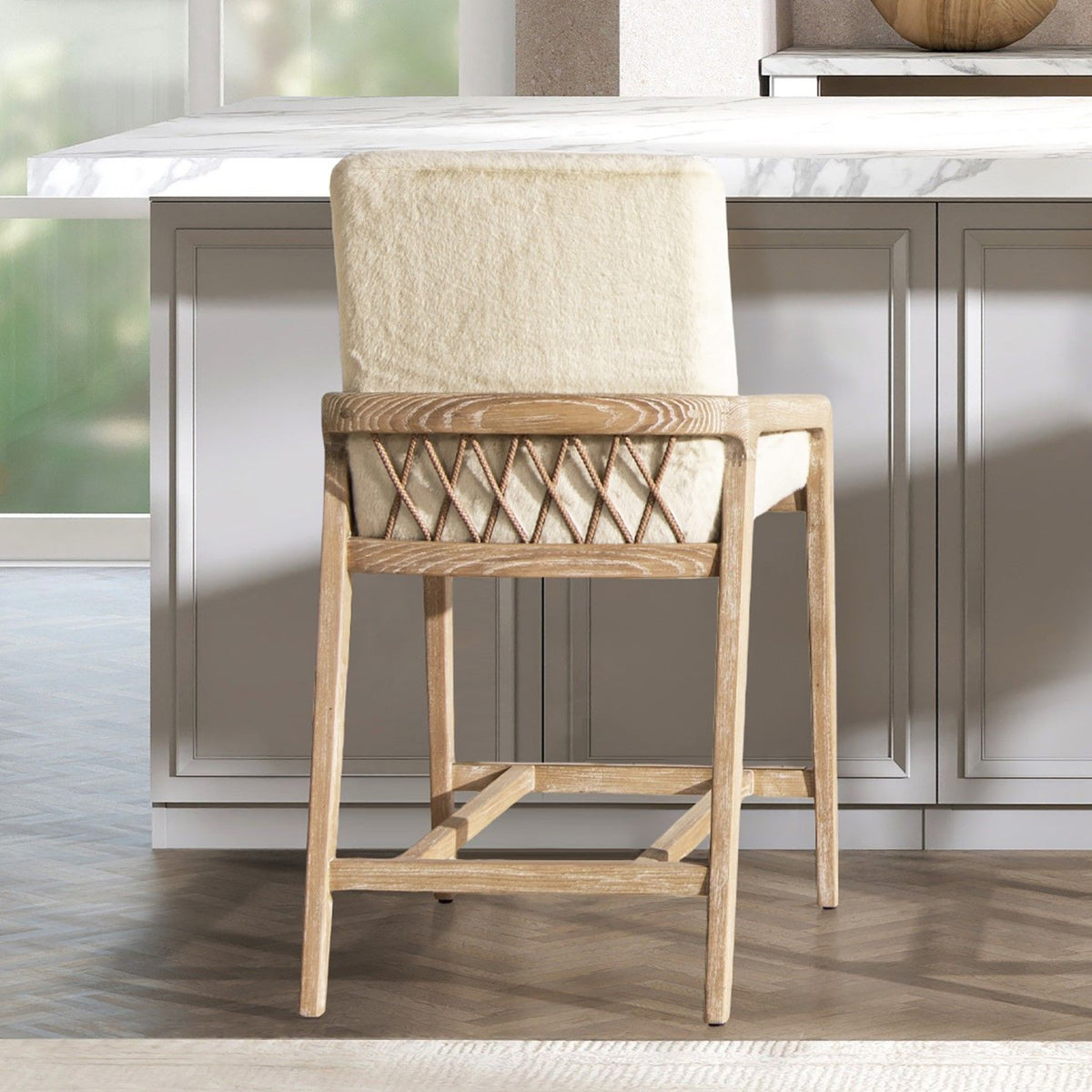 Solid ash upholstered counter height stool with rope detail creme white by HouseOfZazla on Tampa Home & Garden Store