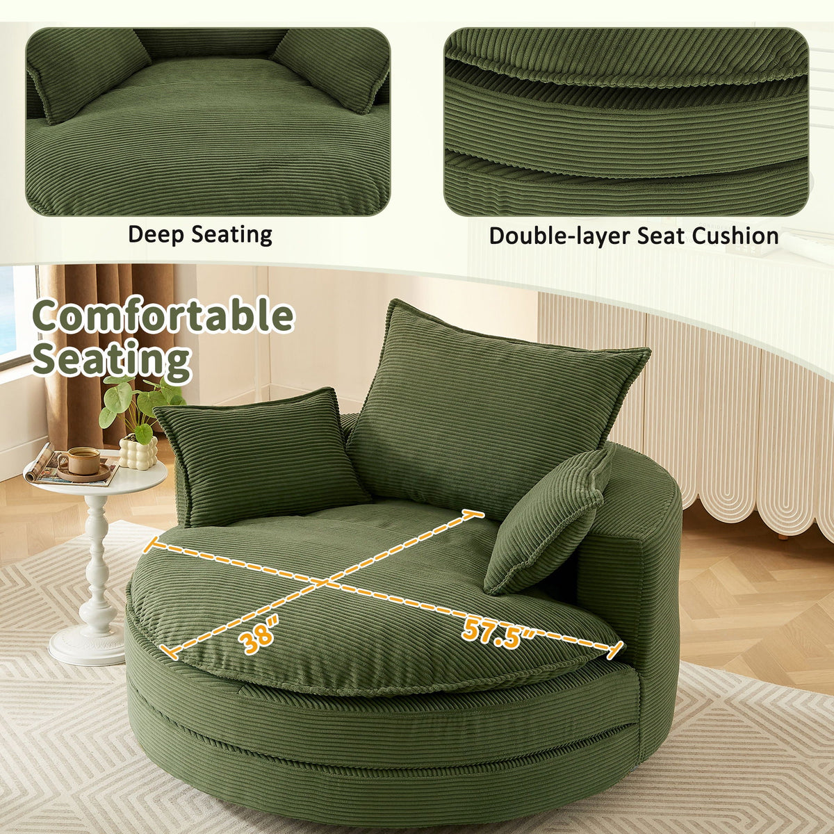 Swivel chair HouseOfZazla in green corduroy with deep seating cushions and pillows on Tampa Home & Garden Store