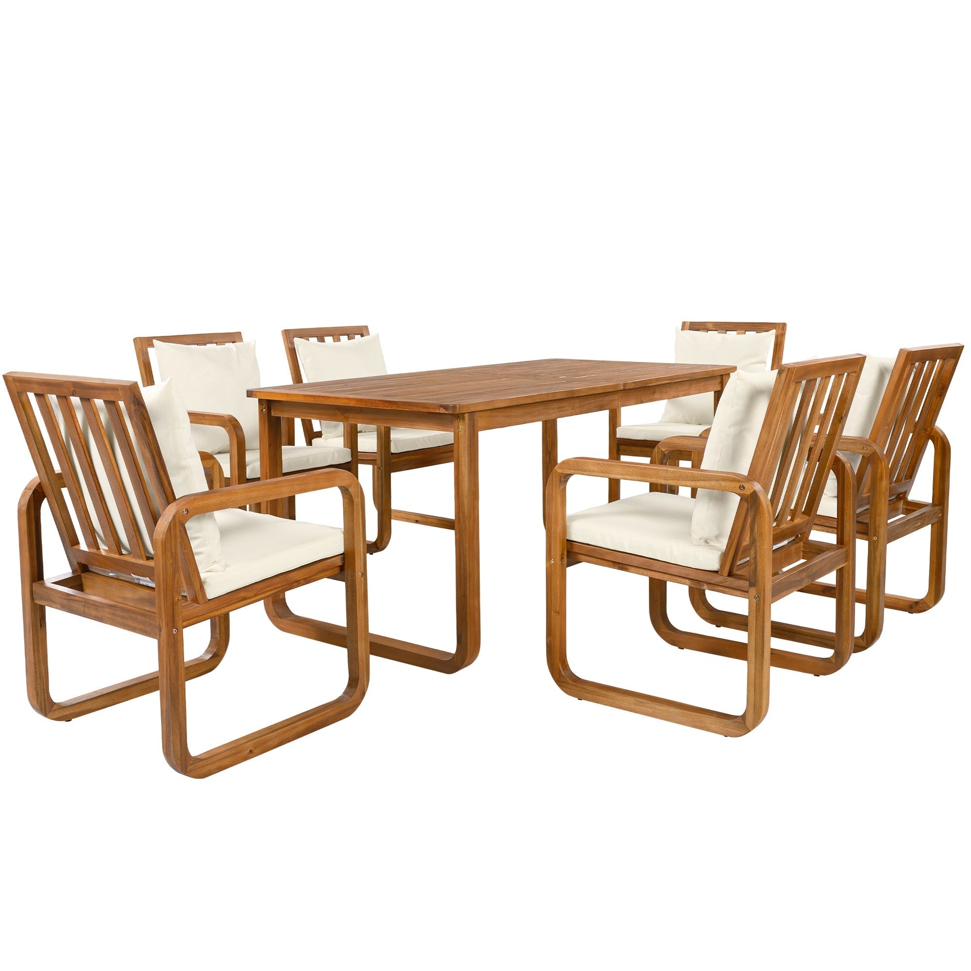 7-Piece wooden outdoor dining set with table and six slat-back chairs, white cushions on Tampa Home & Garden Store