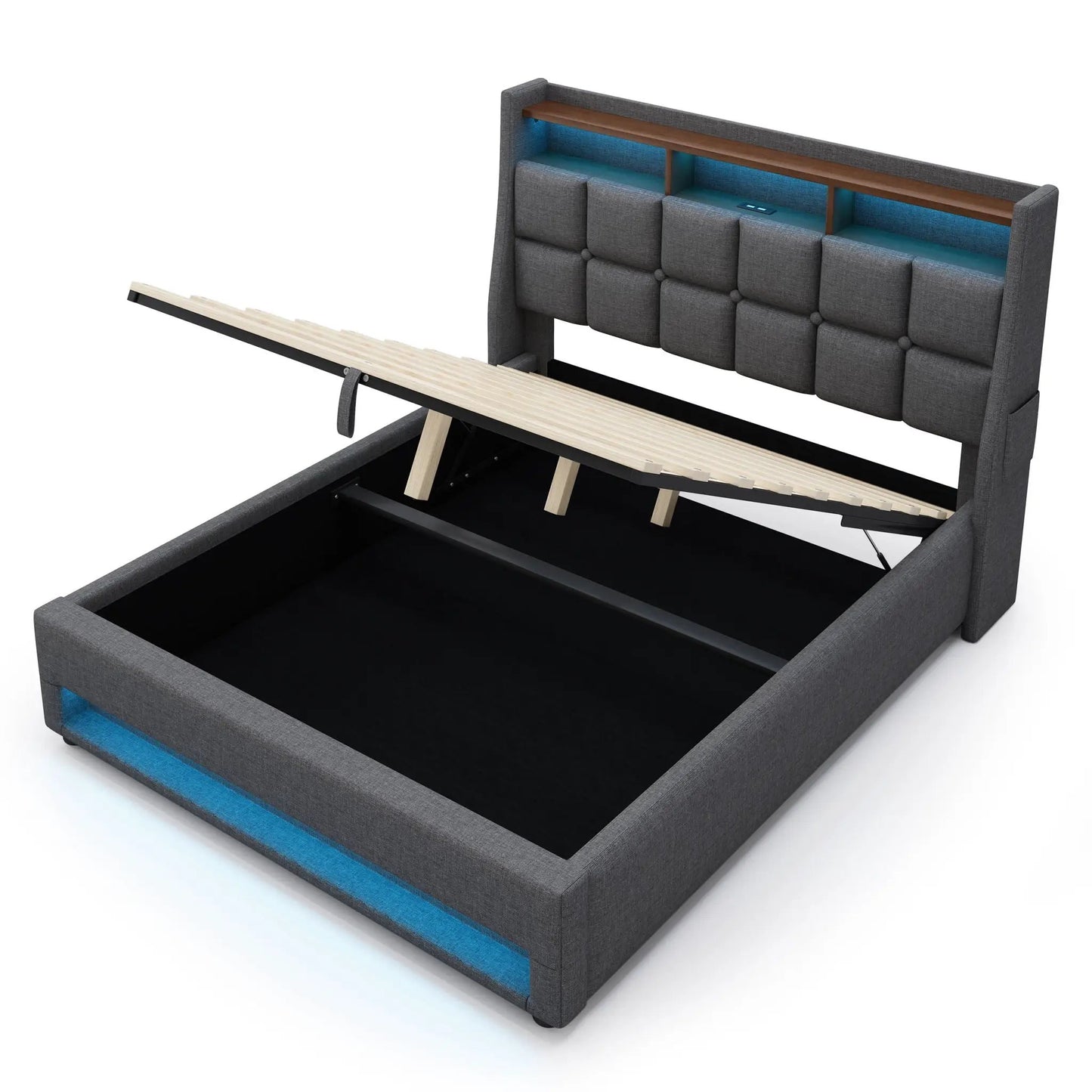 Upholstered Platform Bed With Storage USB LED