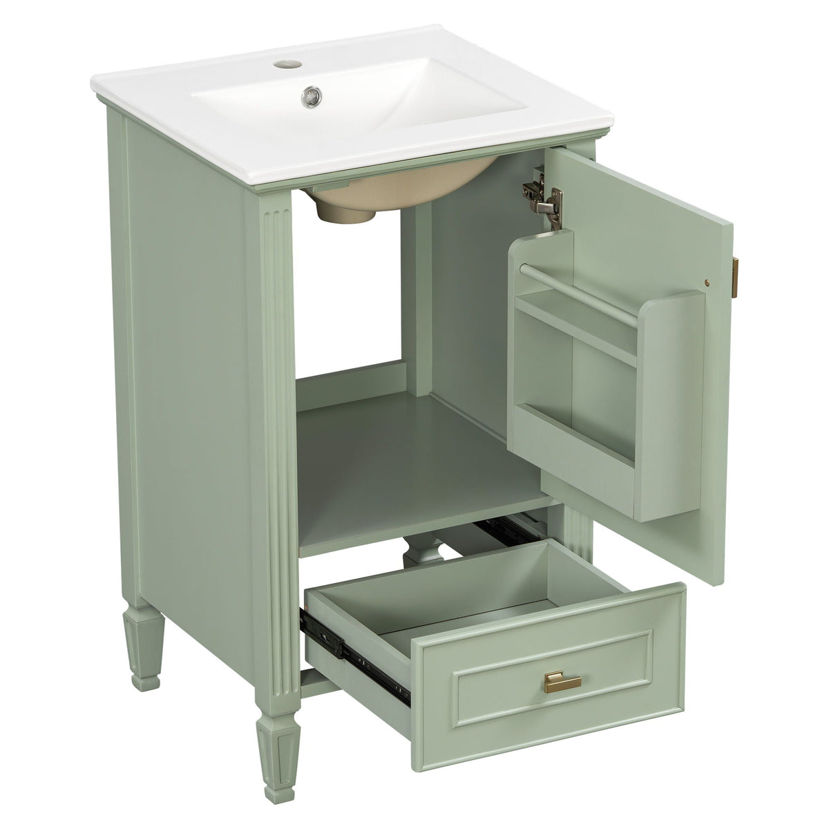 Retro bathroom vanity with sink in sage green, white basin, soft-close doors, open drawers on Tampa Home & Garden Store