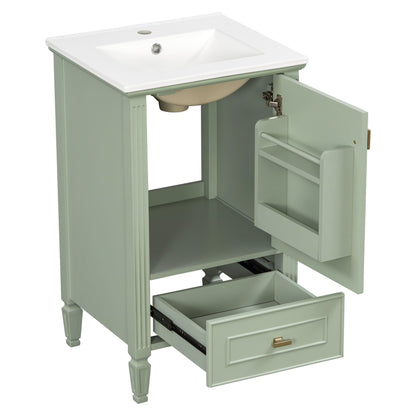 Retro bathroom vanity with sink in sage green, white basin, soft-close doors, open drawers on Tampa Home & Garden Store