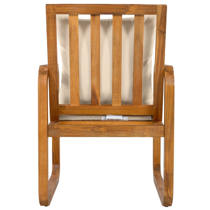 7 Piece Outdoor Patio Dining Set wooden slatted chairs with removable beige cushions on Tampa Home & Garden Store