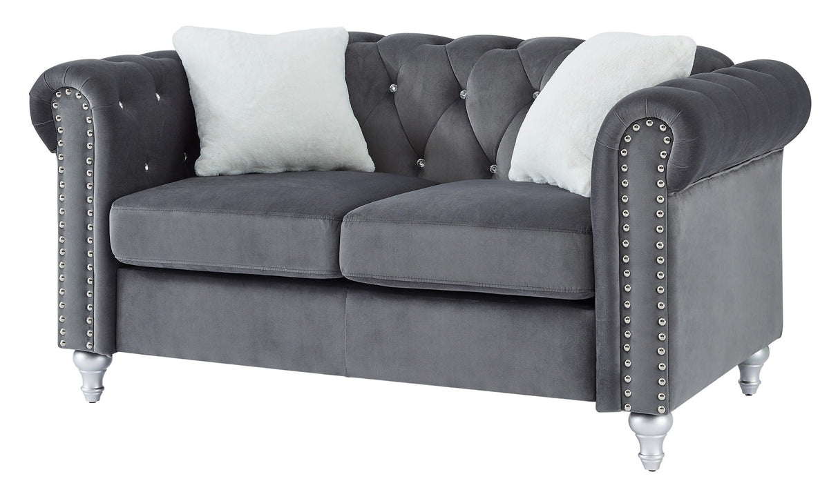 Contemporary velvet loveseat with jeweled tufting and crystal buttons, dark gray nailhead trim on Tampa Home & Garden Store