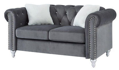 Contemporary velvet loveseat with jeweled tufting and crystal buttons, dark gray nailhead trim on Tampa Home & Garden Store