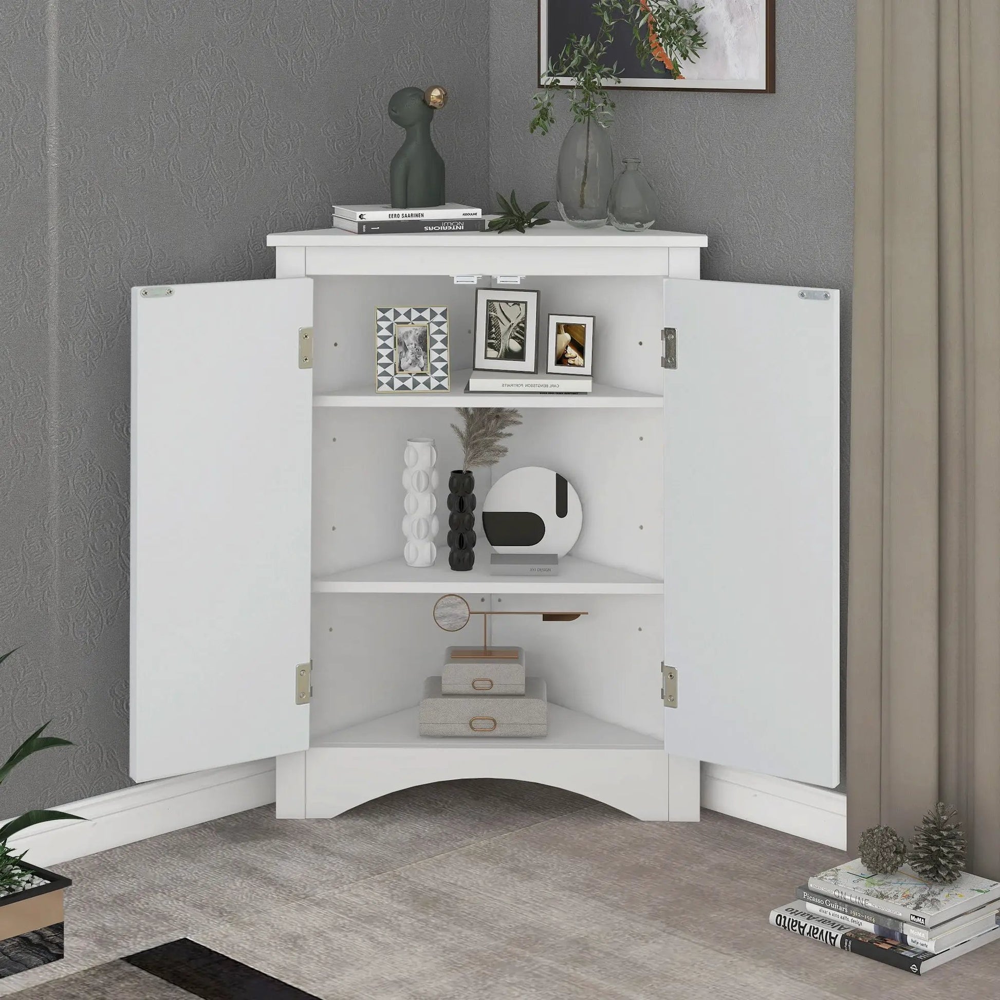 Triangle bathroom storage cabinet with adjustable shelves, white linen cabinet with frames on Tampa Home & Garden Store