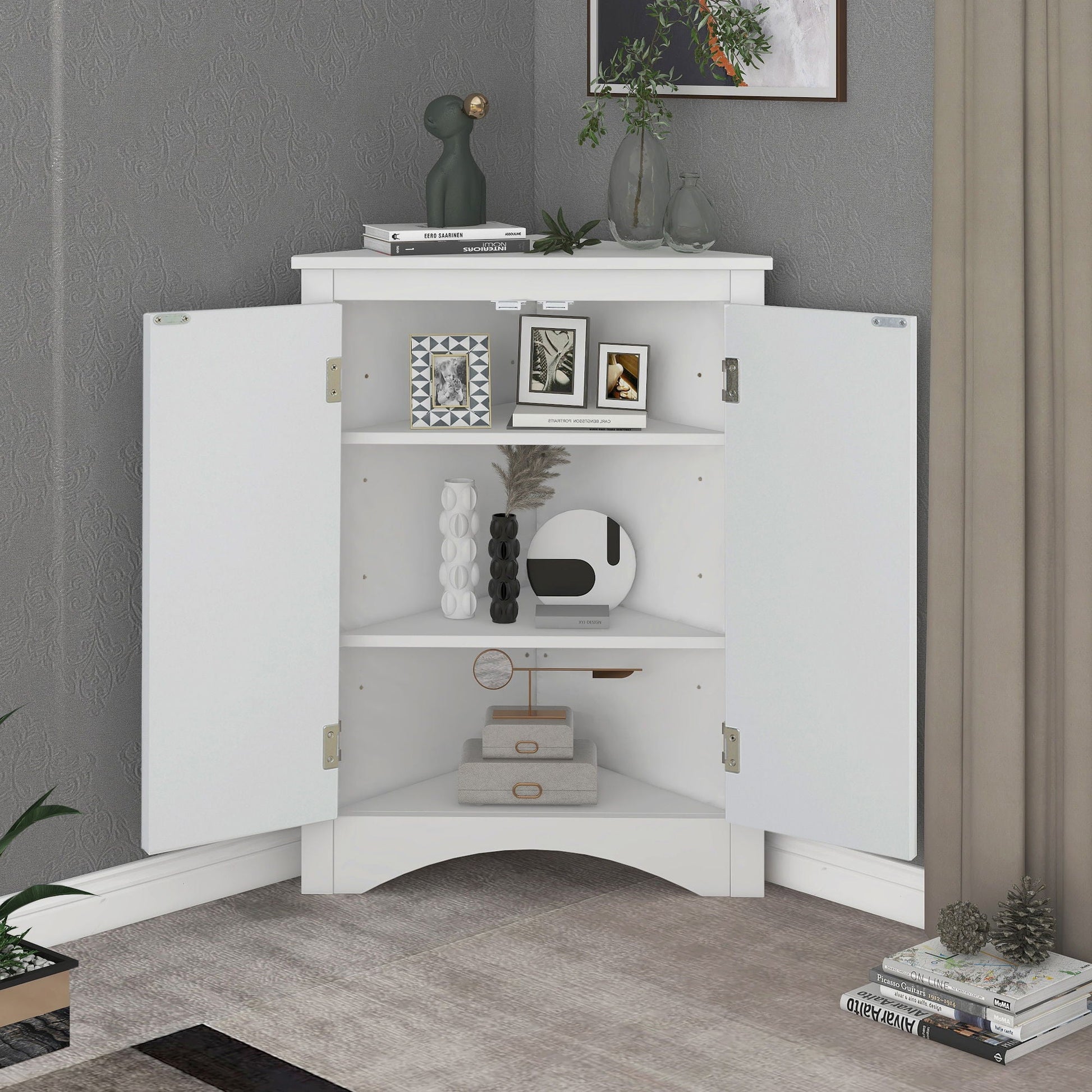 White freestanding triangle bathroom storage cabinet with adjustable shelves decor on Tampa Home & Garden Store