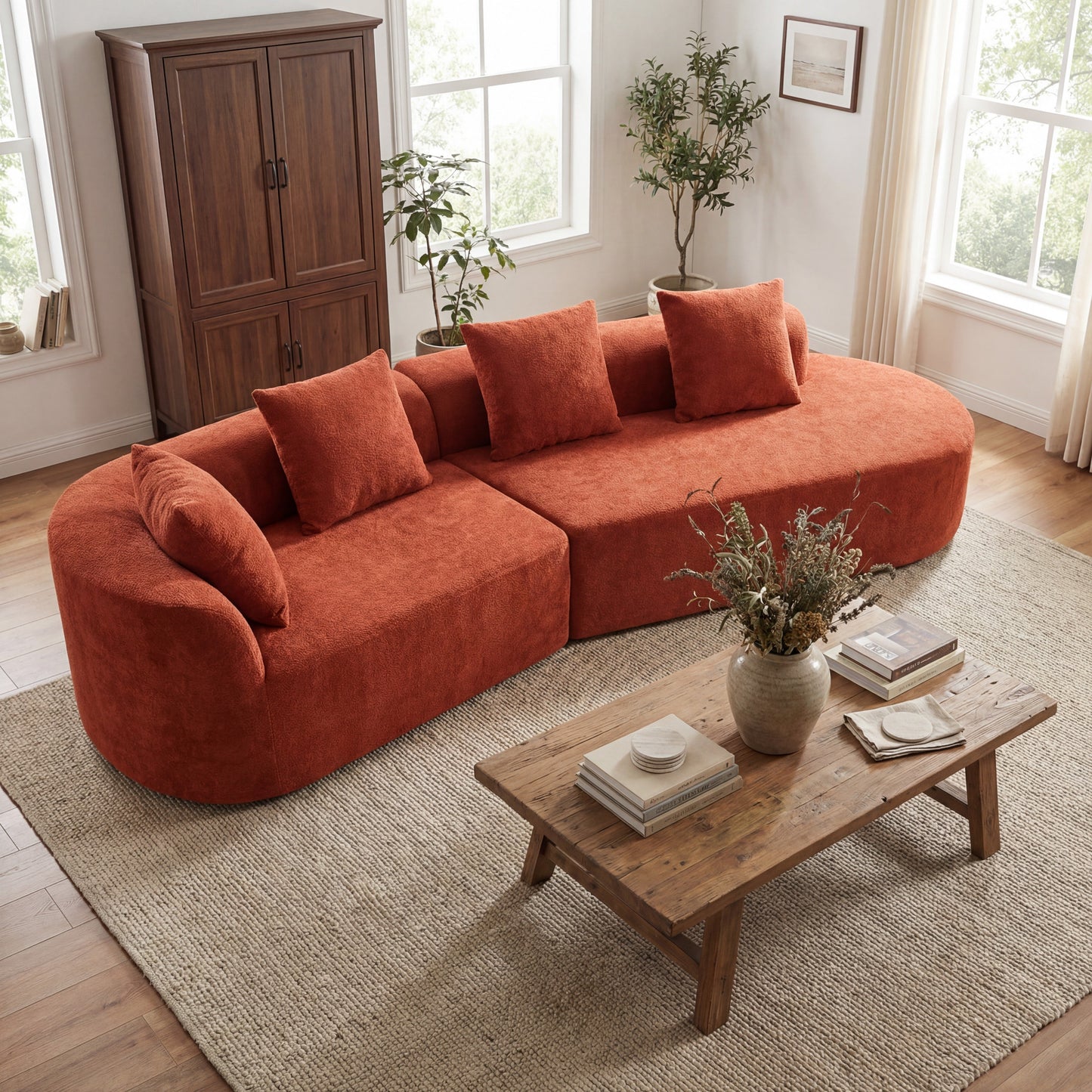 116-inch Modern Curved Sectional Sofa with high-density foam cushions in burnt orange on Tampa Home & Garden Store