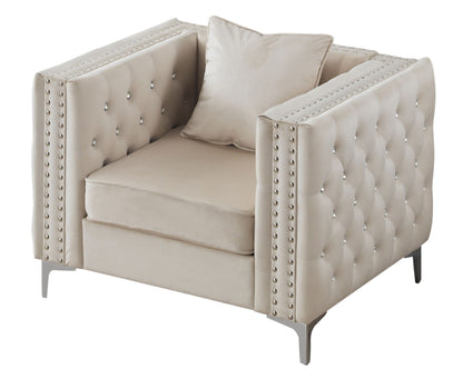 Paige Tufted Arm Chair by HouseOfZazla, beige fabric with diamond tufting and nailhead trim on Tampa Home & Garden Store