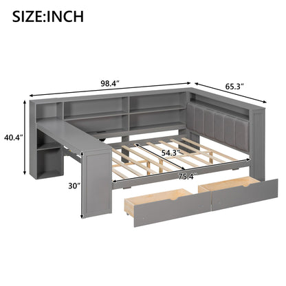 Platform bed with upholstered headboard, built-in desk and drawers in gray by HouseOfZazla on Tampa Home & Garden Store