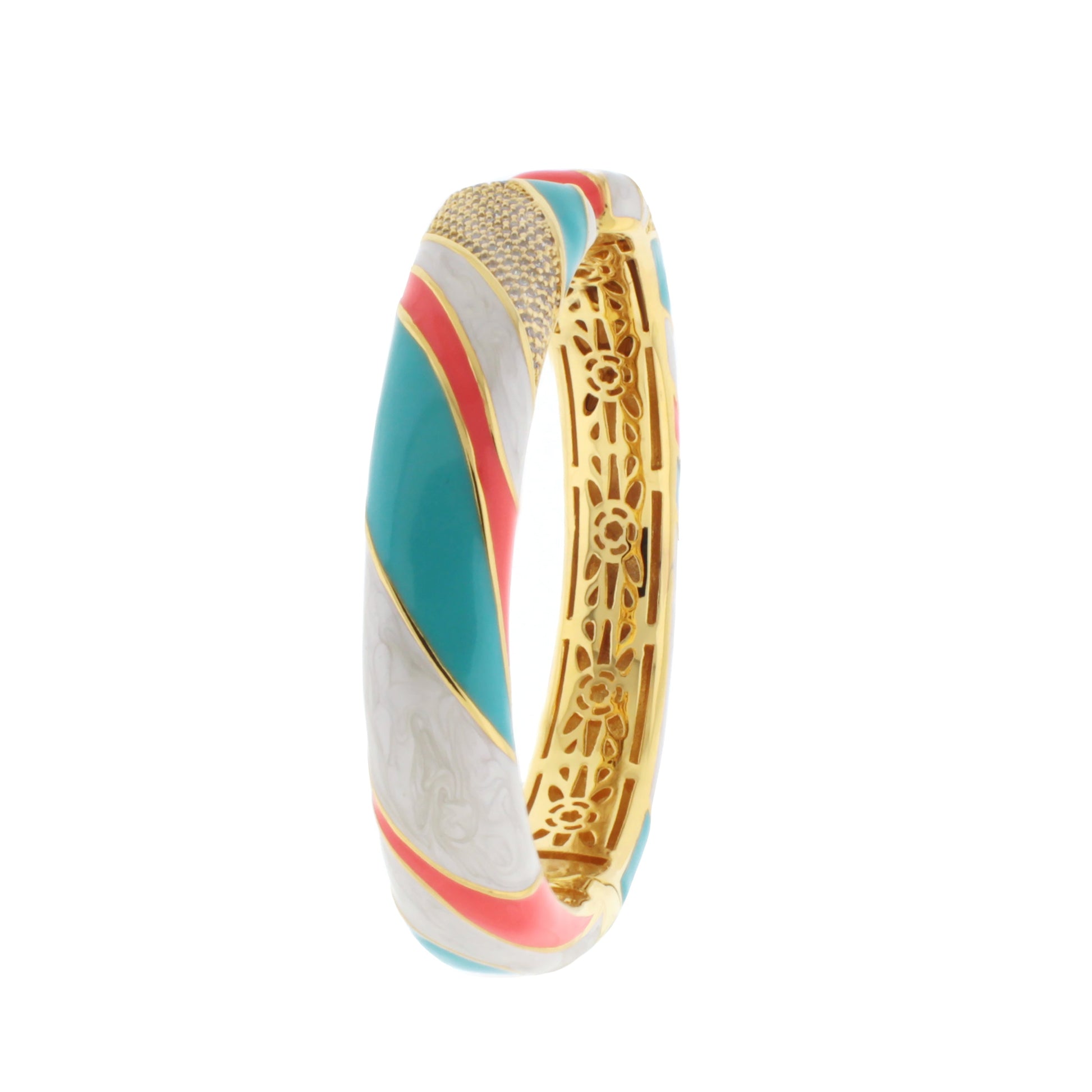 Blue Dream Bangle bracelet, Lauren G Adams, teal enamel with red stripes, gold lattice on Tampa Home & Garden Store