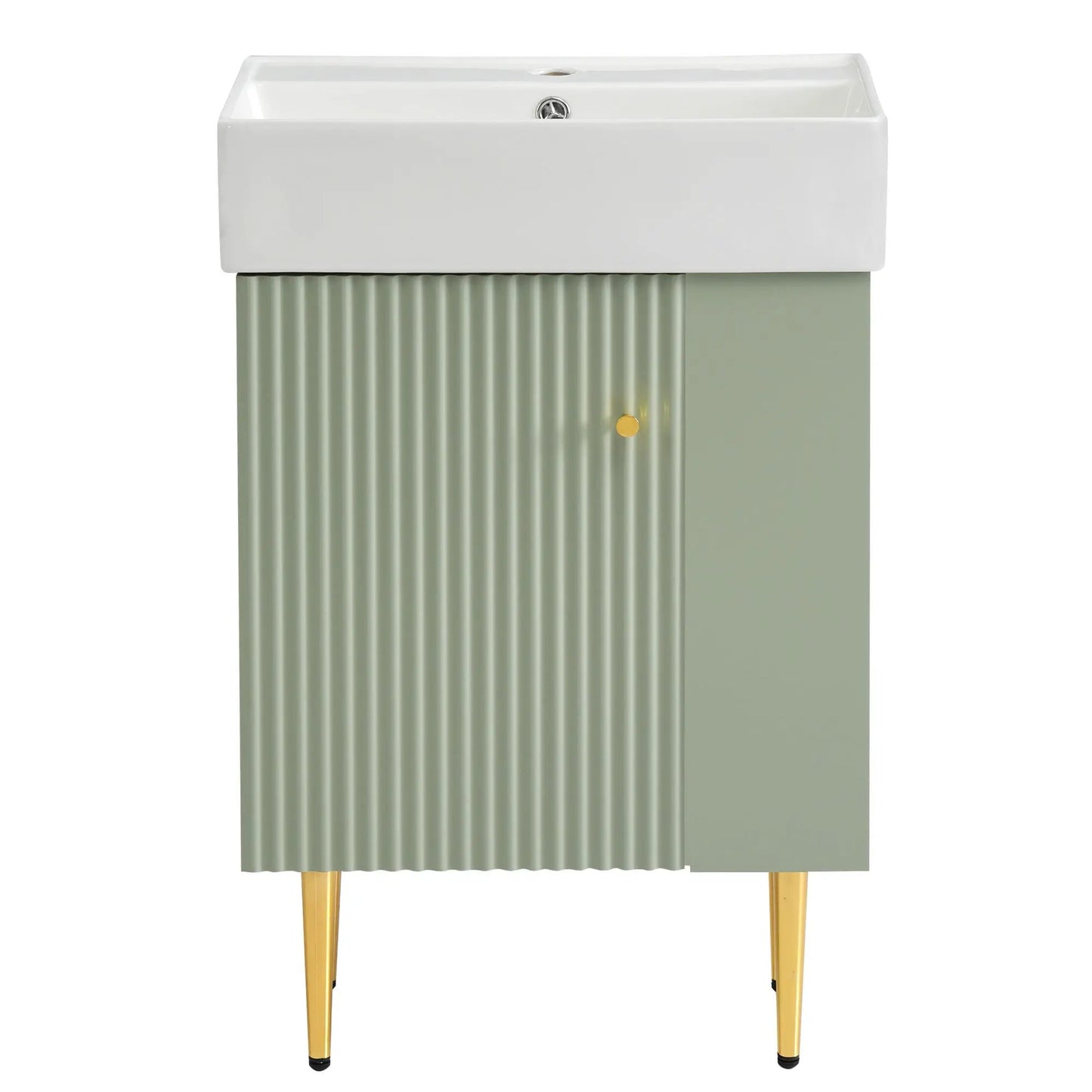 Bathroom vanity with white ceramic sink on green ribbed cabinet with wooden legs on Tampa Home & Garden Store
