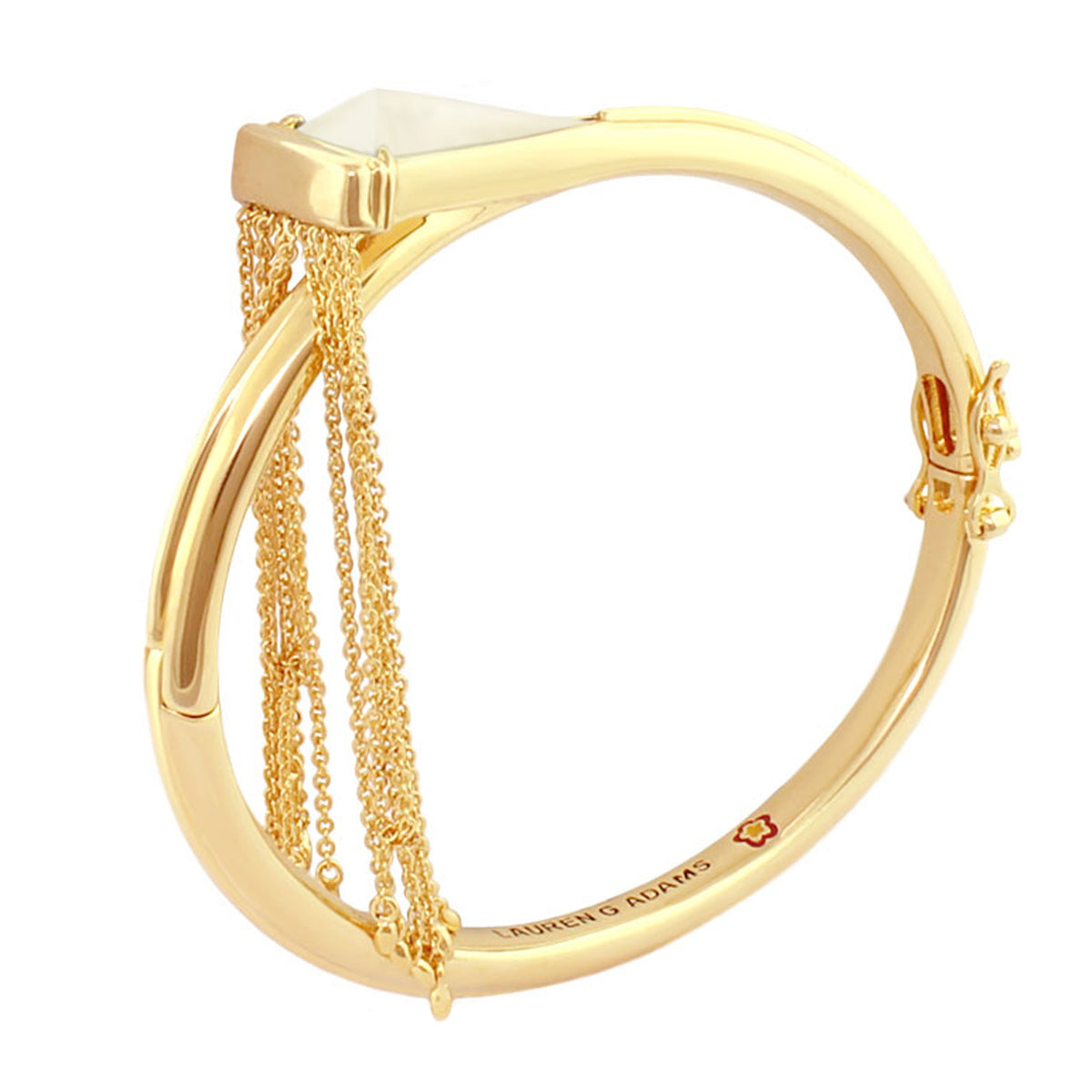 Retro Hippie Chic Bangle, gold hinged bracelet with white stone and chains Lauren G Adams on Tampa Home & Garden Store
