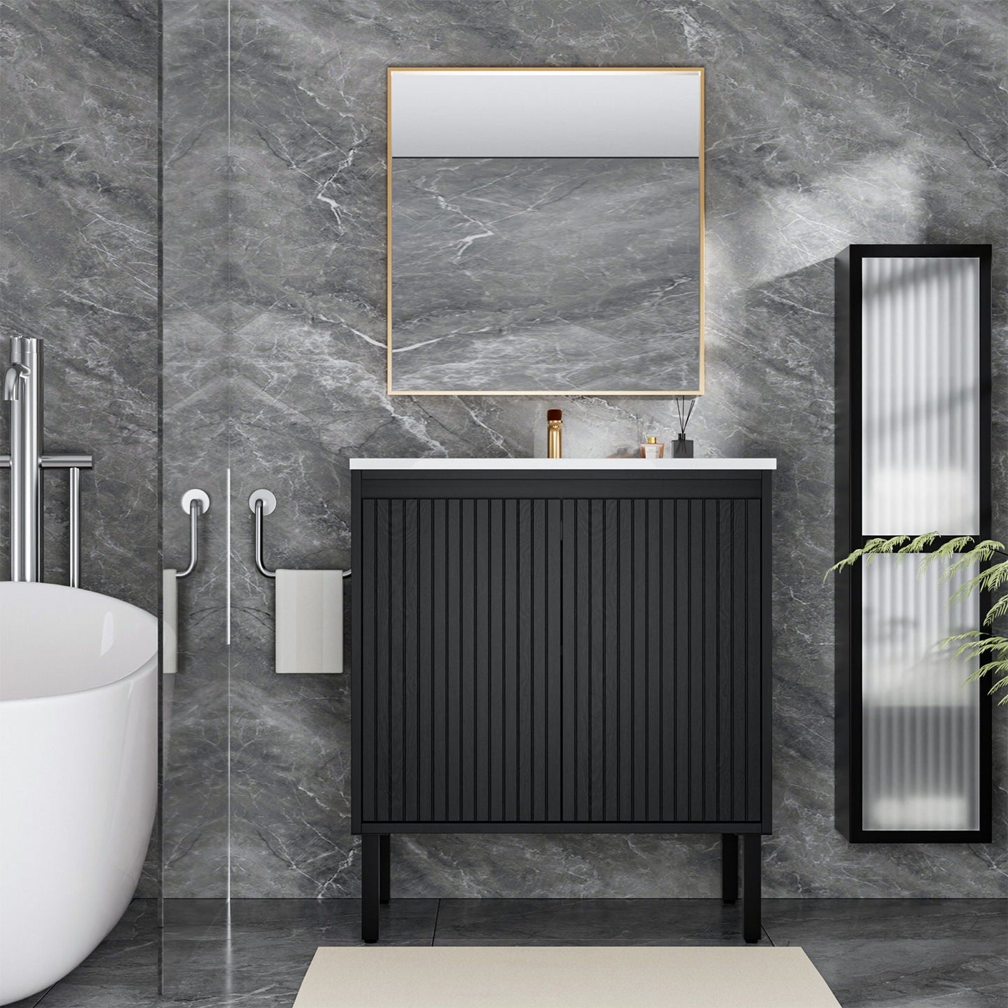 Bathroom vanity black floor-standing cabinet with ceramic sink and soft closing drawers on Tampa Home & Garden Store
