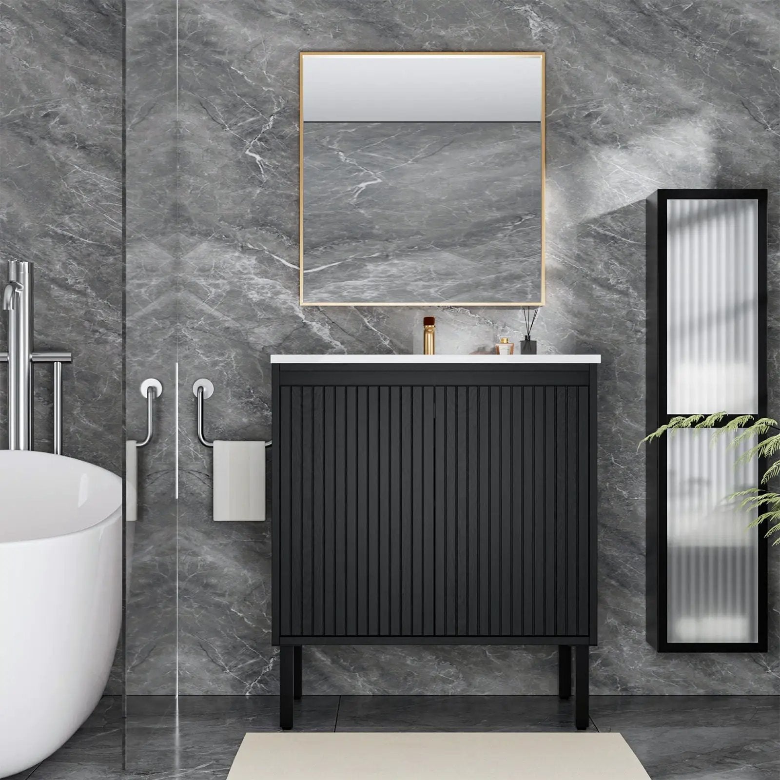 Bathroom vanity black floor-standing cabinet with ceramic sink and soft closing drawers on Tampa Home & Garden Store
