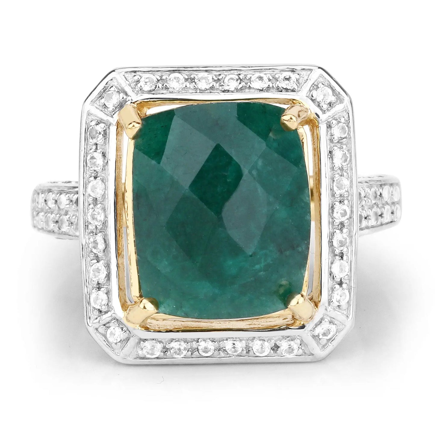 Ring 5.18ct dyed emerald and white topaz halo in .925 silver with gold bezel, Bids.com on Tampa Home & Garden Store