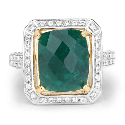 Ring 5.18ct dyed emerald and white topaz halo in .925 silver with gold bezel, Bids.com on Tampa Home & Garden Store