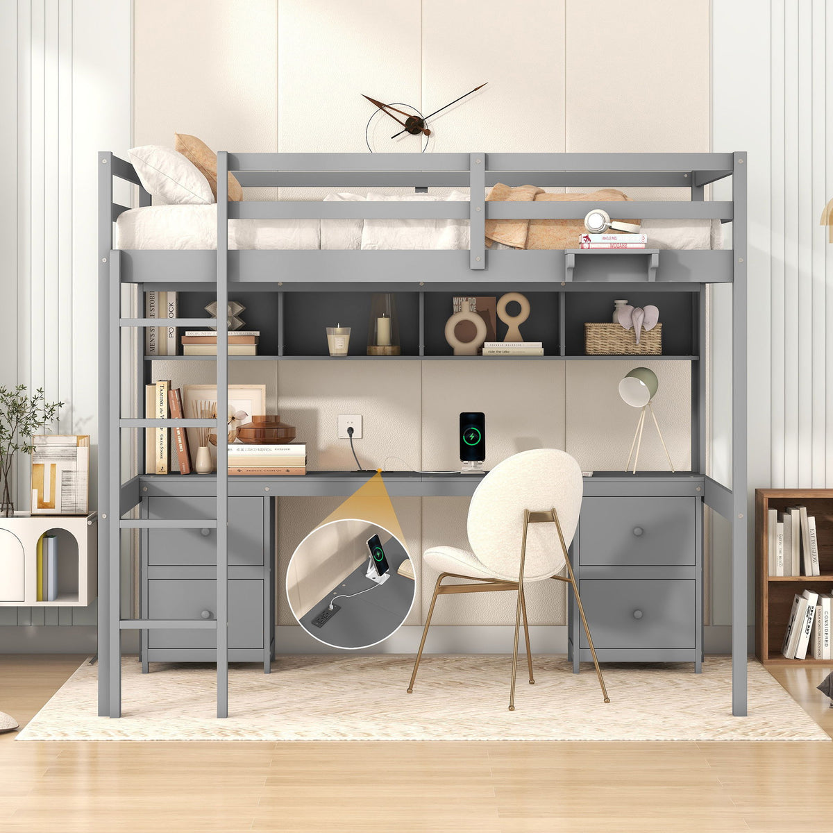 Loft bed by HouseOfZazla in gray with desk, cabinets and charging station bedside tray on Tampa Home & Garden Store