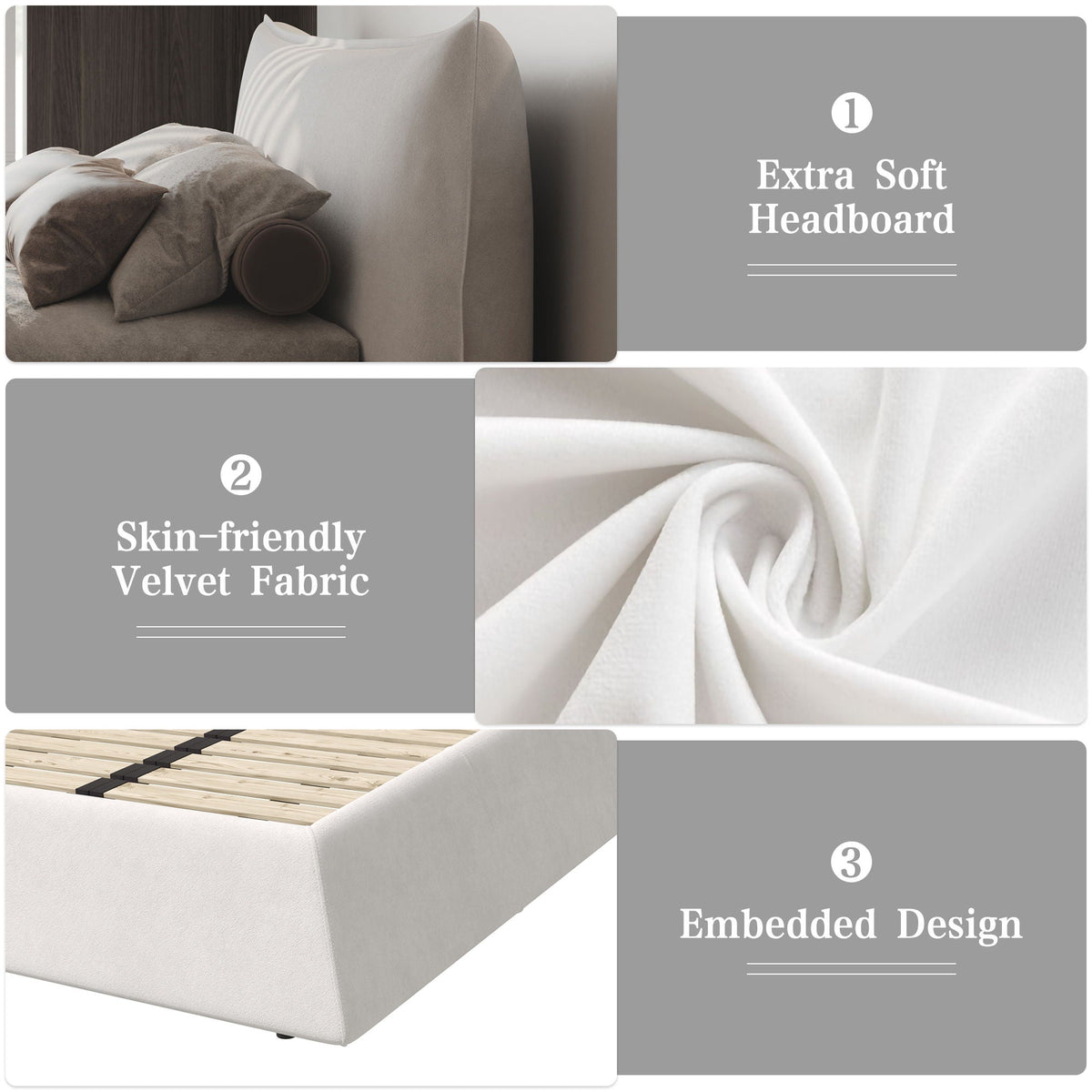 Upholstered platform bed with a special-shaped headboard in taupe velvet fabric by HouseOfZazla on Tampa Home & Garden Store