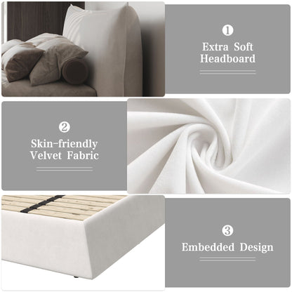 Upholstered platform bed with a special-shaped headboard in taupe velvet fabric by HouseOfZazla on Tampa Home & Garden Store