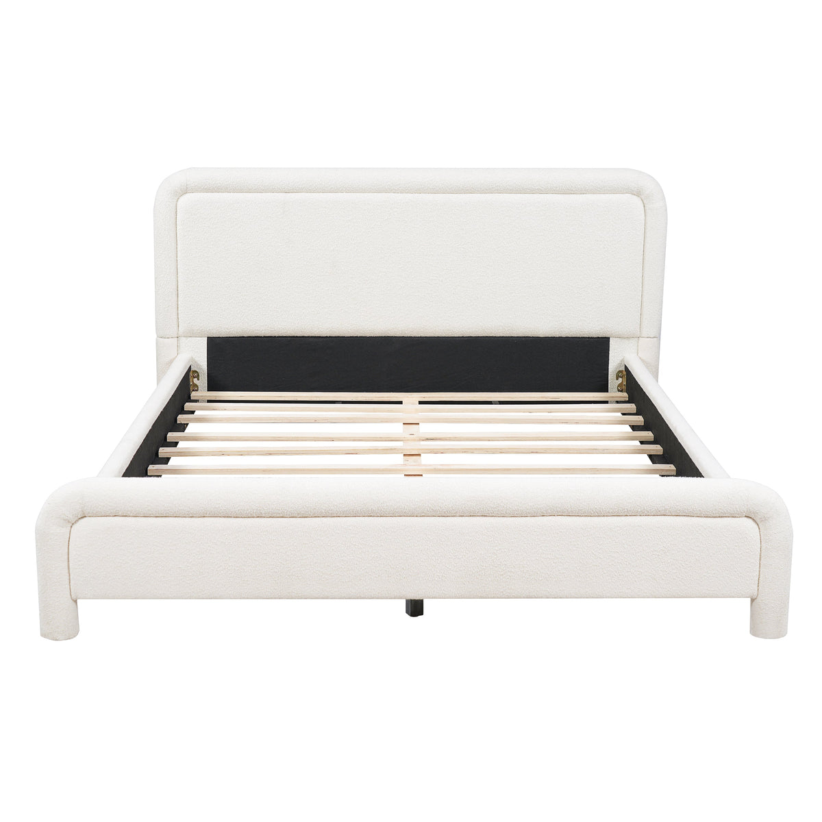 Queen size upholstered platform bed frame in cream fabric by HouseOfZazla with headboard on Tampa Home & Garden Store