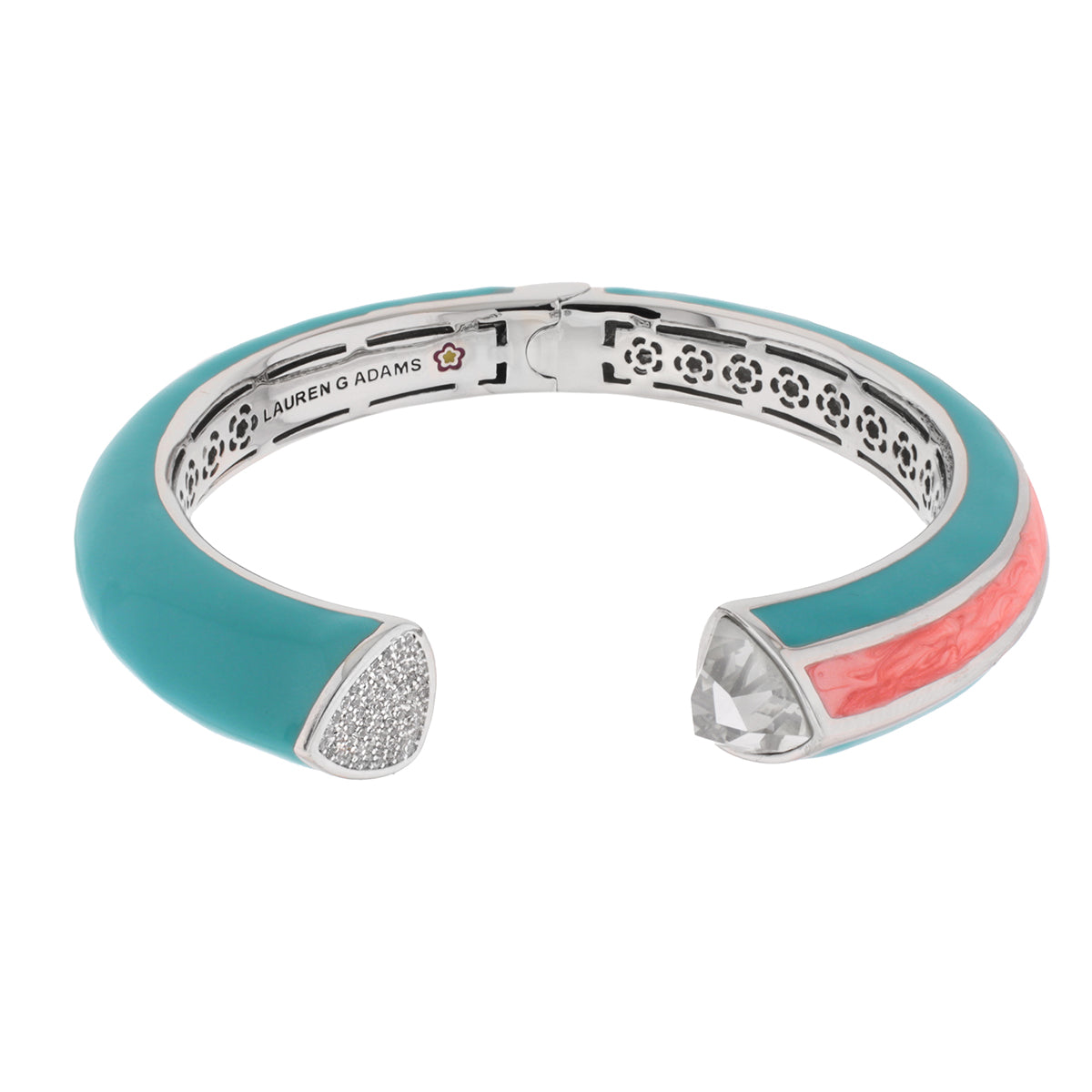 Triplet Bangle bracelet by Lauren G Adams, turquoise enamel with coral accent and crystal ends on Tampa Home & Garden Store