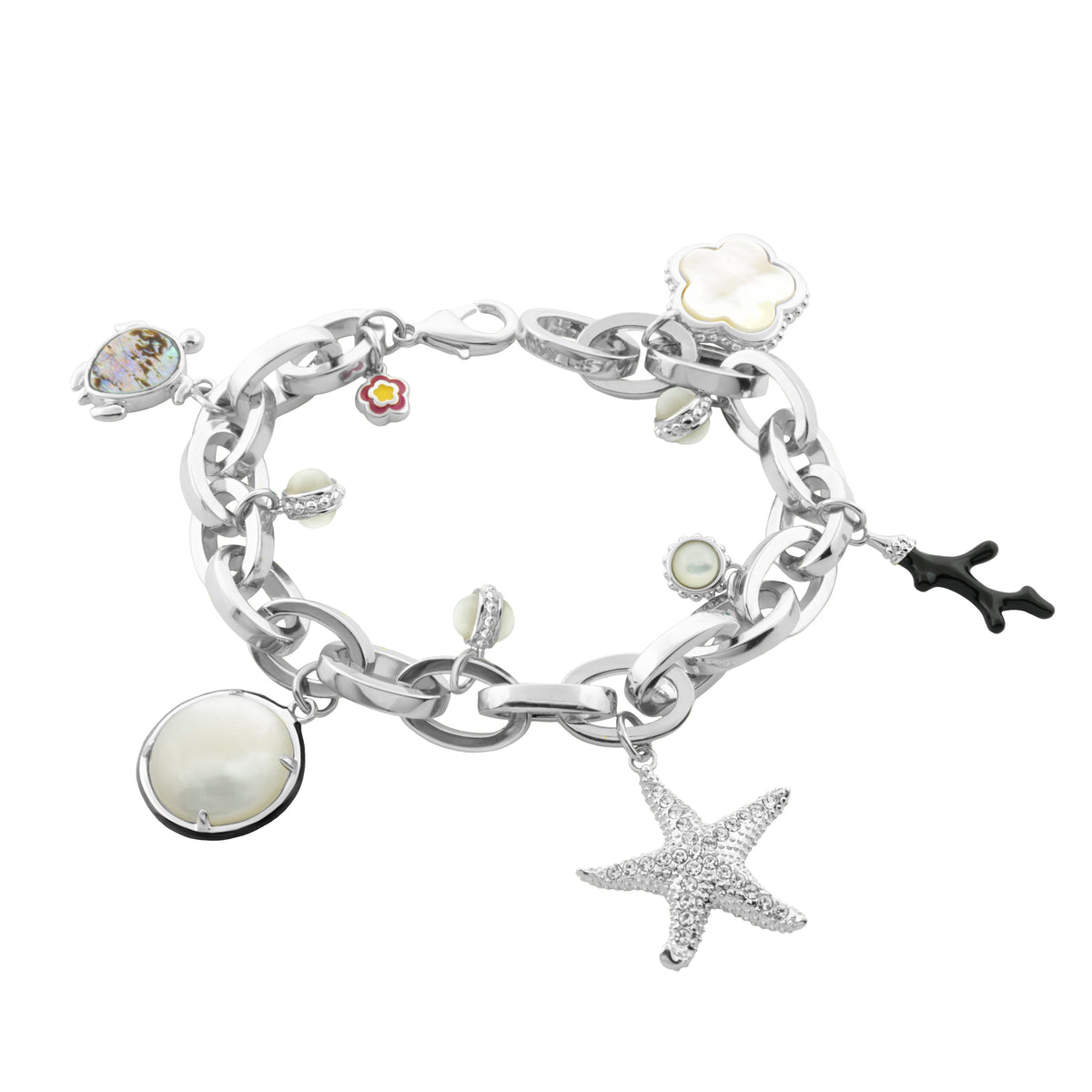 Pretty Little Things Bracelet, silver chain with mother-of-pearl disk, starfish crystal charm on Tampa Home & Garden Store