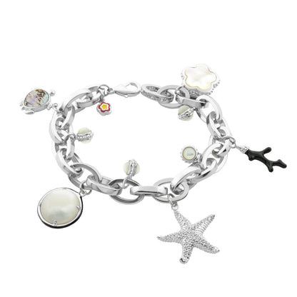 Pretty Little Things Bracelet, silver chain with mother-of-pearl disk, starfish crystal charm on Tampa Home & Garden Store