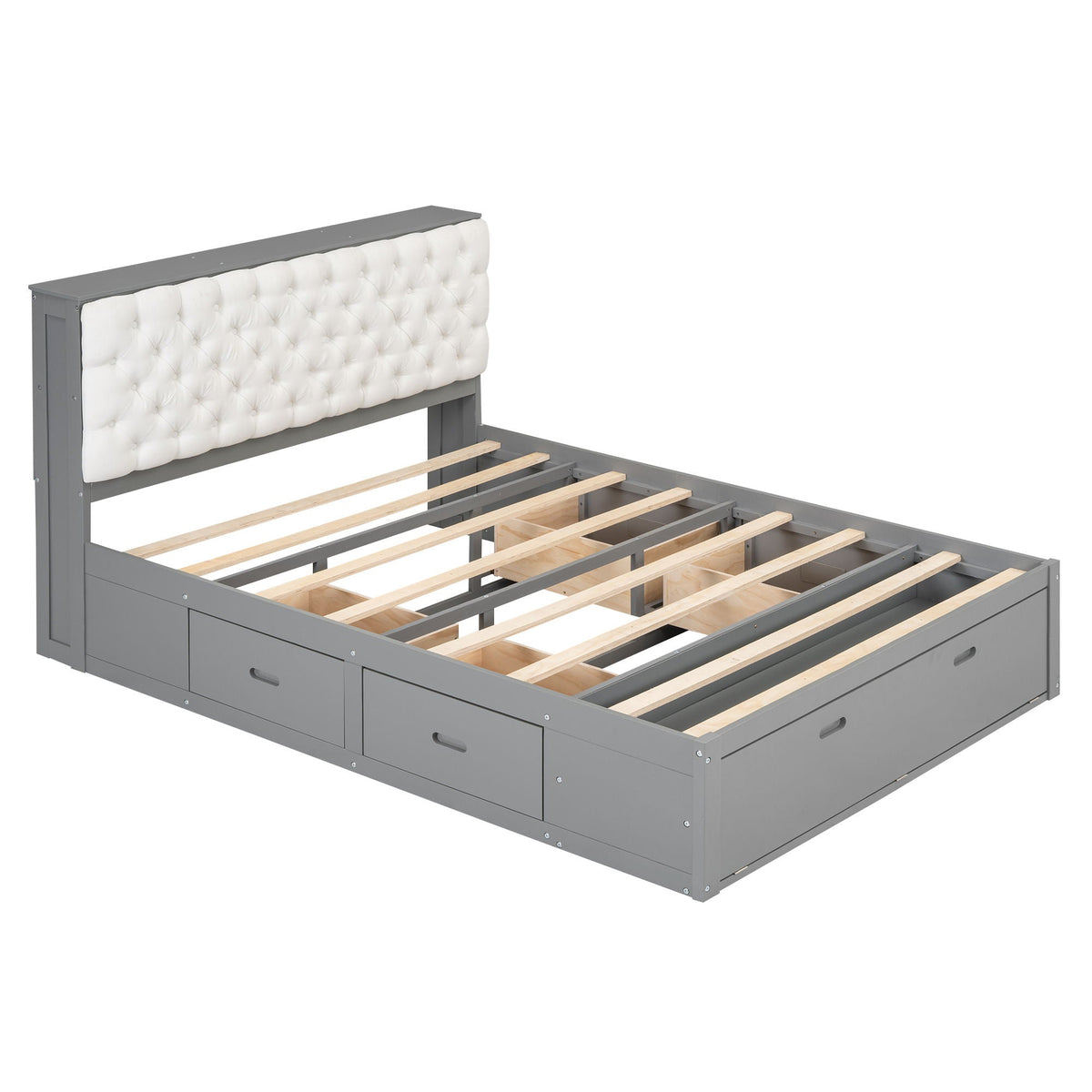 Platform bed with storage headboard, tufted white headboard, gray frame and four drawers on Tampa Home & Garden Store