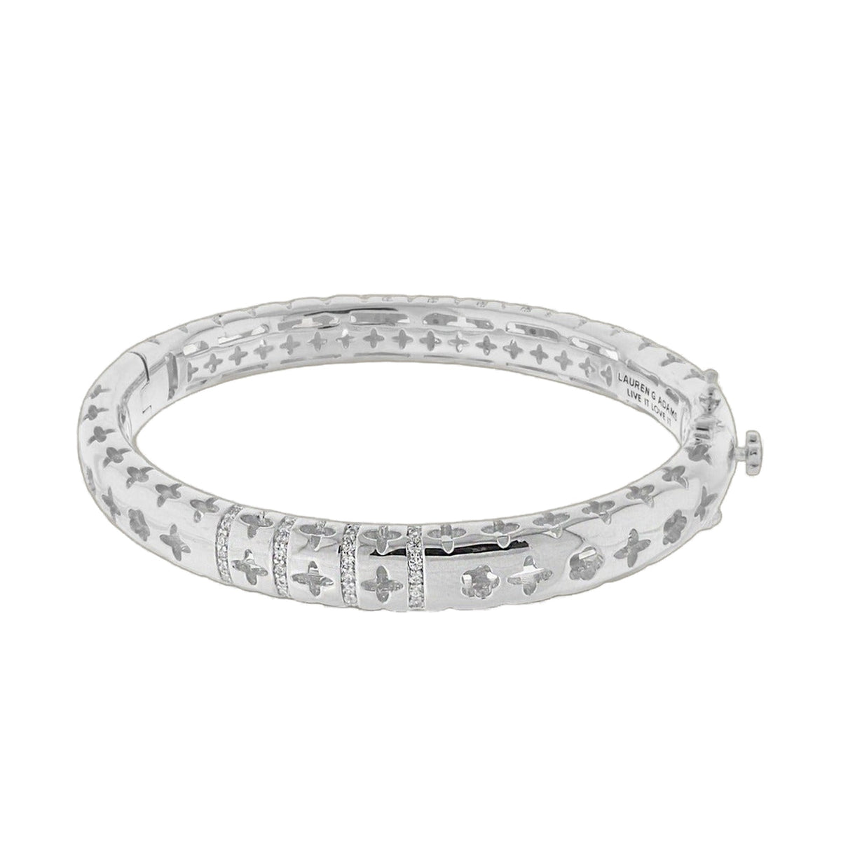 Tic Tac Bangle by Lauren G Adams, silver-tone hinge bracelet with safety lock and cross cutouts on Tampa Home & Garden Store