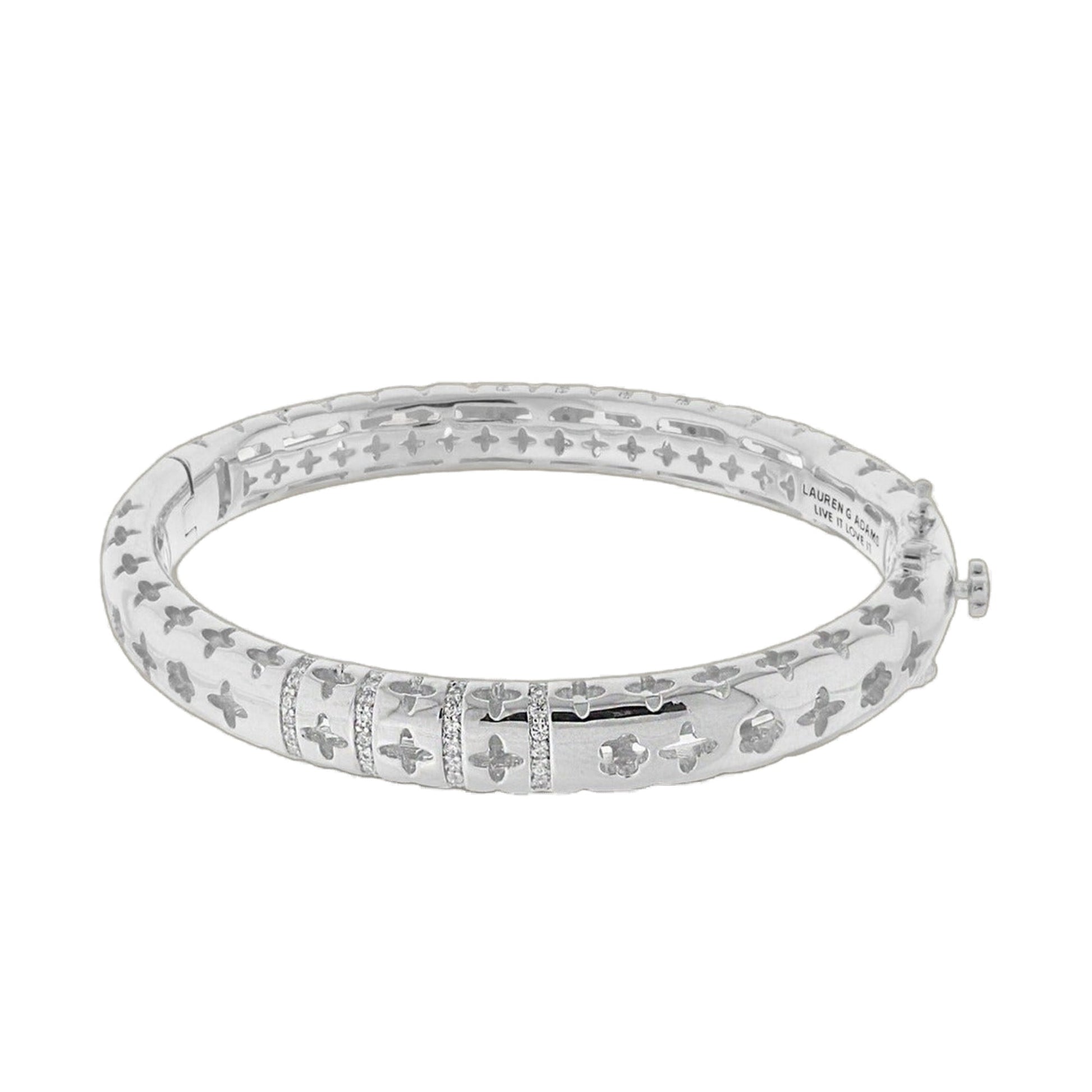 Tic Tac Bangle by Lauren G Adams, silver-tone hinge bracelet with safety lock and cross cutouts on Tampa Home & Garden Store