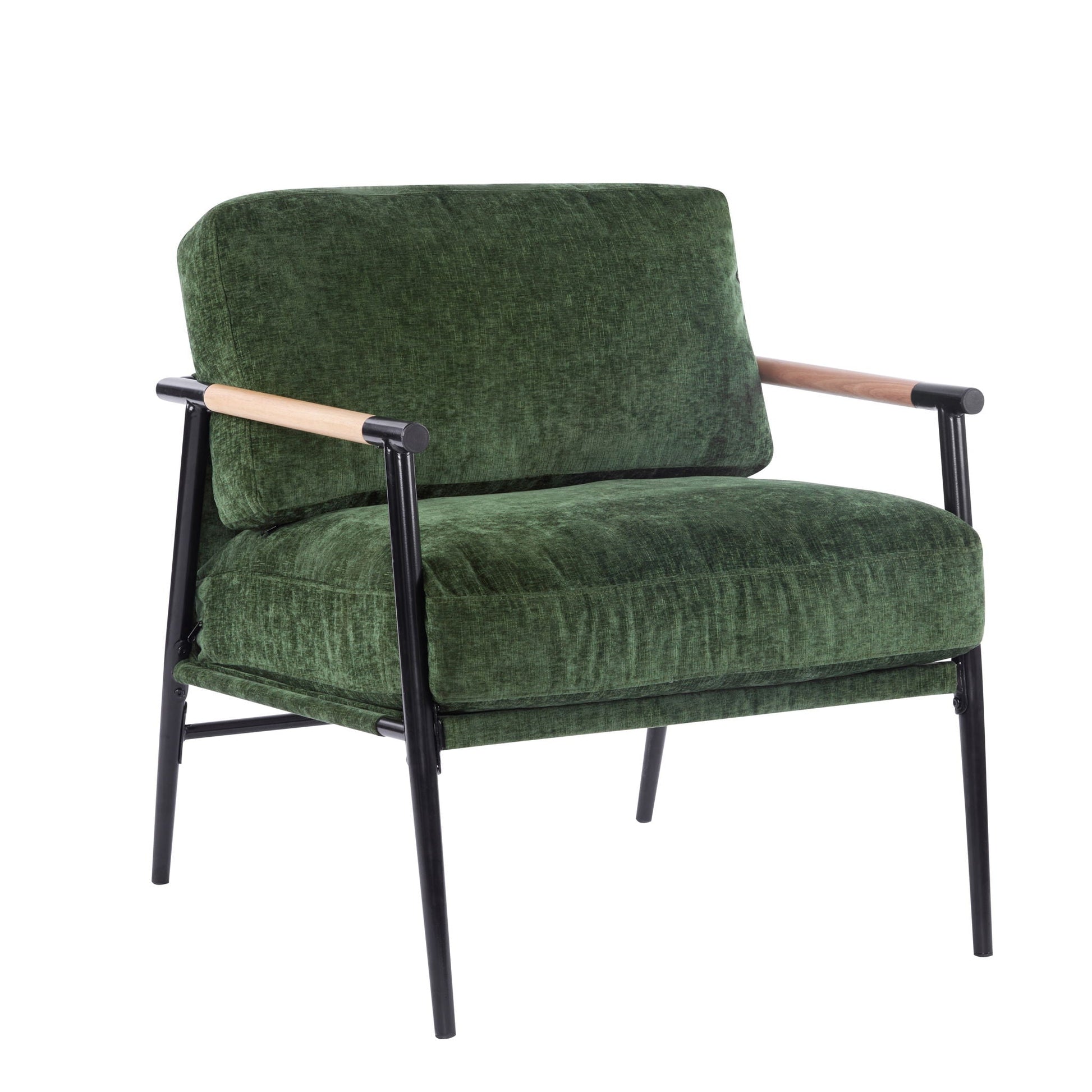 Green velvet accent arm chair with plush cushions and wooden armrests black metal frame on Tampa Home & Garden Store